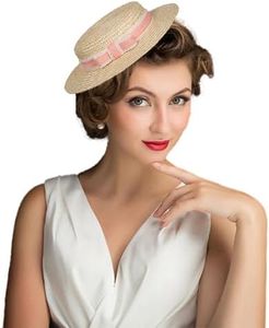 Women Vintage Boater Straw Hat Flat Top Floppy Derby Mini Hat Base Beach Sun Hats with Clip, Pink, One Size