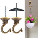 Indian Discovery® Antique Ceiling Hooks for Hanging Plants, Decorative Metal Wall/Ceiling Brackets for Hanging Planters, Bell, Lantern, Windchimes, String Light, Hang Pots (Antique Brass: Set of 2)