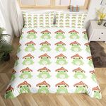 Frog Bedding Duvet Cover Set Kids Cute Green Frogs with Mushroom Hats Bedding Set Boys Girls Kawaii Animal Comforter Cover Set Microfiber Nature Quilt Cover Bedroom Double Size