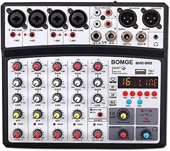 BOMGE 6 channel dj audio mixer with MP3 USB Bluetooth,48V phantom power, 16 DSP Echo effects Mixer for Live, Music, Karaoke, Podcast (BLACK)
