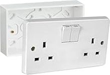 Mr.Gadget's Solutions 13A Double White Switched Socket & Double Surface Mount 25mm Pattress Box 2 Gang Set Electrical Outlets