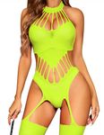 RSLOVE Womens Fishnet Bodystocking Sexy Exotic Lingerie Bodysuit with Pantyhose One Piece Teddy Soft Tights Fluorescent Yellow