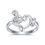 Senpotly 925 Sterling Silver Musical Note Ring for Women Heart Music Note Treble Clef Ring for Teens Girls Music Note Band Ring Jewelry Gift for Daughter, Sterling Silver, No Gemstone