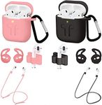 10-in-1 Airpods Protected Silicone Case, Airpods Accessory Kit, Airpods case and Apple Airpods Skin with Anti-Lost Airbag Belt, Airpods Watch with Stand, Airpods Earhook (Black + Pink)