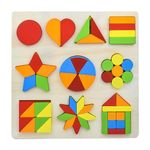 WISHKEY Wooden Shapes Puzzle Learning Toy, Montessori Game Educational Toys for Kids, Intelligence Brain Teaser Puzzle Board with 10 Designer Shapes, Multicolour, 3+ Years (Pack of 1)