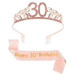 Bohoman Rose Gold Happy 30th Birthday Sash and 30 Birthday Tiara Rhinestone Crown Headband for 30 Birthday Gift Party Accessories 30th Birthday Decoration Girls Women