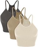 ODODOS Women's Crop 3-Pack Seamless Rib-Knit Camisole Crop Tank Tops, Mushroom Taupe Charcoal, X-Large/XX-Large