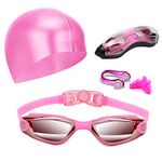 Swim Goggles Swimming Goggles No Leaking with Nose Clip, Earplugs and Case for Men Women Adult Youth Kids (Pink)