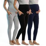 The Mom Store Maternity Leggings Combo of 3 | Comfort Stretch Pregnancy Leggings for Women | Over The Belly Design | Black, Navy & Grey | S