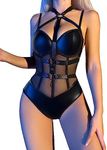 Milumia Lingerie for Women PU Leather One Piece Strappy Mesh Teddy Bodysuit Black