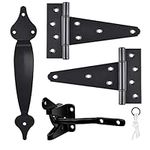 Gate Hardware Kit Heavy Duty,with Self Locking Gate Latch,6 inch T Strap Gate Hinges and 10 inch Gate Door Handle Pull,Shed Door Hardware Set for Wooden Vinyl Fence,Gate,Farm,Garden,Black Finish