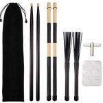 Black Drum Stick Set Include 1 Pair Retractable Drum Wire Brushes, 1 Pair Rod Drum Brushes and 1 Pair 5A Maple Wood Drumstick Drum Dampener Drum Key with Storage Bag for Jazz Folk Acoustic Music Lover