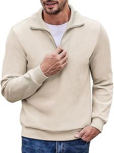 COOFANDY Men's Quarter Zip Up Pullover Slim Fit Mock Neck Long Sleeve Sweaters Casual Corduroy Polo Sweatshirt, Beige, Medium