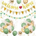 Welcome Home Decorations, Welcome Home Banners Welcome Home Balloons,Sage Gold Welcome Home Banner and Balloon Pennant Flag Bunting Round Garlands Set for Welcome Back House Warming Decorations