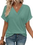 WIHOLL Spring Tops for Women 2025 Dressy Casual Summer Outfits Fashion Trendy Short Sleeve V Neck Shirts Clothes Green S