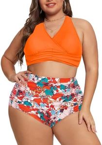 Hanna Nikole Plus Size High Waist Bathing Suit Women's V Neck Bikini Swimsuits Orange Floral 22 Plus