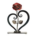 Gift Hand-Forged Wrought Iron Red Metal Rose with Heart-Shaped Stand