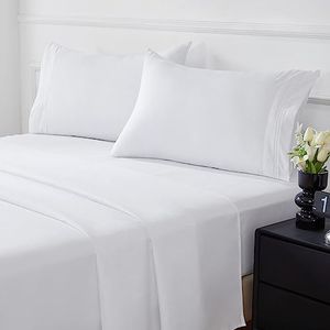 HCORA Parure de lit et taies d'oreiller en microfibre brossée 90 g/m² extra doux, respirants, rafraîchissants, poche profonde de 40,6 cm, rétrécissement, 4 pièces (lit double, blanc)