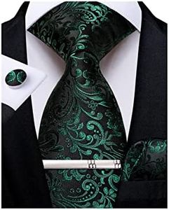 DiBanGu Silk Paisley Flower Ties for Men Woven Wedding Necktie Tie Clip Handkerchief Cufflinks Set Party, Black Green Floral, One size