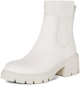 Athlefit Women's White Chelsea Boots Fall Platform Ankle Boots Slip on Chunky Lug Sole Boots