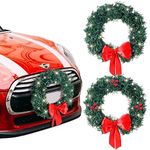 Yuxung 2 Pcs Christmas LED Car Christmas Wreath Automotive Car Wreath Lighted Artificial Christmas Wreath for Truck Grill with Bow Berries for Vehicle Exterior Winter Holiday Decoration Ornament