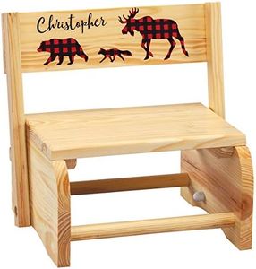 Custom Children's 2-in-1 Step Stool and Chair, Natural Wood, Buffalo Plaid Design with Custom Name