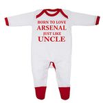 'Born To Love Arsenal Just Like Uncle' Baby Boy Girl Bibs 100% Fine Combed Cotton (0-3 Months, White/Red Trim)