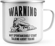 Purple Print House Warning, May Spontaneously Start Talking about Trains Enamel Mug, Train Gifts for Men, Birthday Gift Ideas, Metal Drinking Coffee Cup, One Size, White