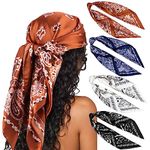 DRESHOW 4 Pack Large Square Satin Headscarves Hair Scarves Silk Accessories Classic Patterned Squares Beach Bandanas for Women