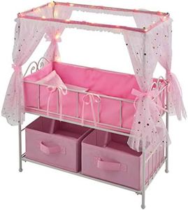 Badger Basket Starlights Metal Doll Crib with Canopy, Bedding, Storage & LED Lights – Pink/White Stars – Fits Dolls up to 18 Inches