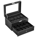 BASTUO 20 Watch Box Watch Display Organizer Carbon Fiber Leather Watch Storage Case,Black with Glass Top