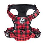 PoyPet No Pull Dog Harness, [Release at Neck] Reflective Adjustable No Choke Pet Vest with Front & Back 2 Leash Attachments, Soft Control Training Handle, Plaid(Checkered Red, M)