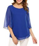 Oyamiki Women's 3/4 Sleeve Chiffon Tunics Blouses Double Layers Casual Shirt Tops Royal Blue/L