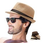 LADYBRO Mens Fedora Hats for Men - Fedora Hat Panama Hat Straw Hat Trilby Hat Summer Hat (Pack of 3), Beige,coffee,khaki, Medium