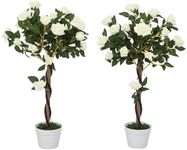 Outsunny 90cm Artificial Rose Tree with Twisted Trunk, Decorative Fake Plant with 350 Silk Leaves and 21 Flowers, UV-Resistant Faux Tree for Outdoor Indoor Garden Porch Decor, Set of 2, White