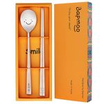 BAPMOO Korean Chopsticks and Spoon Set Combinations Reusable Long Handle Metal Stainless Steel Good for Gift Happy Face & Hangul Characters Engraved Silver