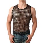 ROSVAJFY Mens Mesh Fishnet Vest Sexy See Through Tank Top Sheer Fitted Sleeveless String Undershirt, Stretch Muscle Tops Workout Hollow Out Tees Gym Sport Underwear for Clubwear Black