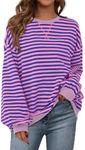 PRETTYGARDEN Womens Striped Oversized Sweatshirt Color Block Crew Neck Long Sleeve Casual Loose Pullover Top Y2K Clothes (Blue Pink, X-Small)