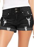 Ladybranch Women's Ripped Double Button Jean Shorts High Waisted Stretchy Folded Hem Short Jeans