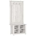 HOMCOM Hall Tree with Shoe Storage Bench, Entryway Bench with Coat Rack, Accent Coat Tree with Adjustable Shelves for Hallway, Living Room, Distressed White