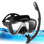 Adult Snorkel Set, Professional Snorkeling Gear Panoramic Anti-Fog Diving Goggles and Dry Snorkel Tempered Glass Scuba Diving Mask for Diving, Snorkeling and Swimming (Black Set)