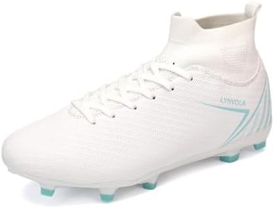 Lynvola Men's High Top Breathable Soccer Cleats Firm Ground Non Slip Outdoor Training Shoes White EU 42