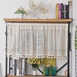 Sutuo Home Boho Sheer Curtain Valance Crochet Lace with Bohemian Hollow Knitted Handmade Tassels, Short Farmhouse Window Treatment for Kitchen Cafe, Rod Pocket, 1 Panel 59" W x 18" L, Beige