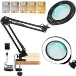 10X Magnifying Glass with Light and Stand, IVMAIE 5 Inch Real Glass Magnifier Lamp with Clamp, 5 Color Modes LED Dimmable Magnifying Desk Lamp, Hands Free for Close Work Craft Sewing Painting