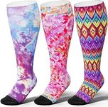 LEVSOX Plus Size Compression Socks Wide Calf Support Sock for Women & Men 15-20 mmHg Knee High Nurses Pregnant Travel, 3 Pairs/Purple Mix Printing, Large