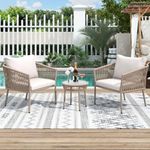 BRISHI Garden Patio Seating Chair and Table Set Outdoor Balcony Garden Coffee Table Set Furniture with 1 Table and 2 Chairs Set with Cushion (Beige//White)