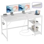 JOISCOPE Computer Desk, 140cm Office Desk with Power Outlets, USB & Type-C and 2 Shelves, Modern White Desk with Hook, Study Table for Writing, Wooden Desk for Bedroom Home Office, White