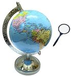 GeoKraft Rotating World Globe for Kids — height 7" diameter 5" Political STEM Globe with Magnifying Glass, Metal Arc Base, Geography Learning Toy for Students, Home & Office Decor Gift (Blue)