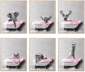 Funny Animal Wall Art in Bathtub, Black and White Canvas Cow Elephant Elk Tiger Lion In Bathroom Picture Pink Humor Animals Bathroom Artwork Print Farmhouse Style Wall Decor (11"x14" UNFRAMED)