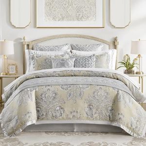 CROSCILL Queen Comforter Set, Luxe Chenille Jacquard Floral Medallion, Microfiber Twill Comforter for a Queen-Size Bed, Oversized Comforter Queen Bedding, 2 Shams & Bedskirt, Loretta, Beige 4 Piece